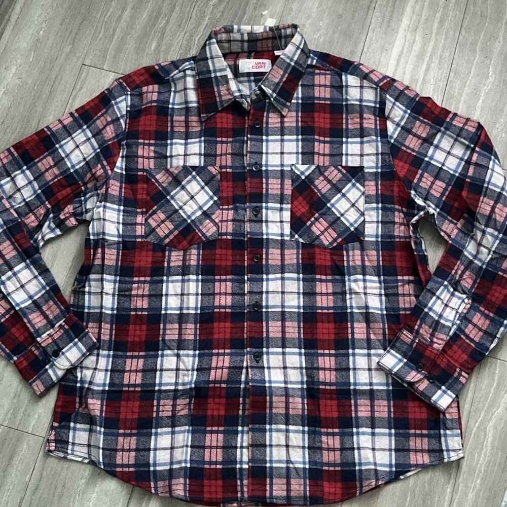 Vintage Van Cort Flannel Shirt Mens Large Plaid Red Blue 100% Cotton With Tag